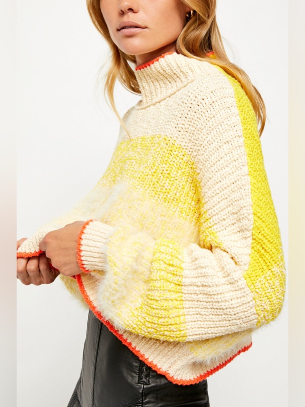 Free People Sunbrite Yellow Cream Striped Cropped Boxy Knit Sweater Size Small
